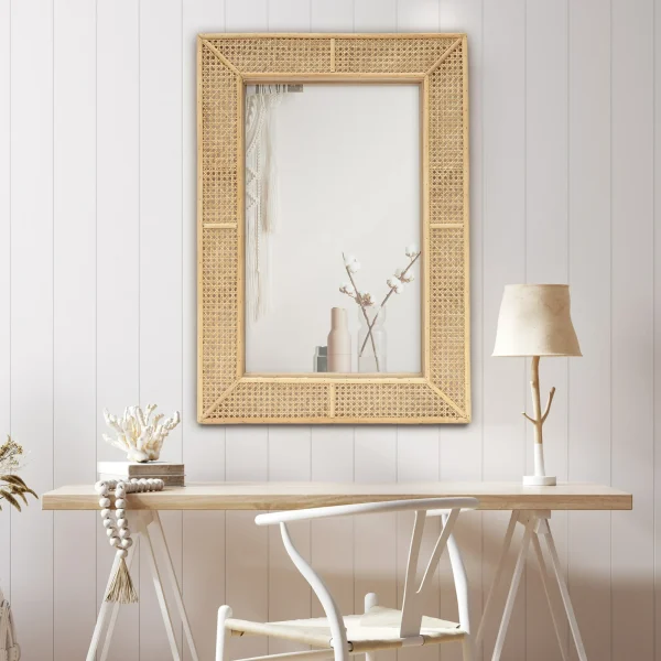 Parisloft Rectangle Rattan Wall Mirror, Modern Boho Decorative Wall Mirror, Natural, 26.375"W x 37.875"H