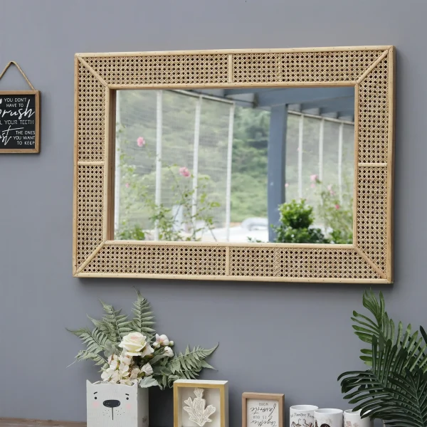 Parisloft Rectangle Rattan Wall Mirror, Modern Boho Decorative Wall Mirror, Natural, 26.375"W x 37.875"H - Image 6