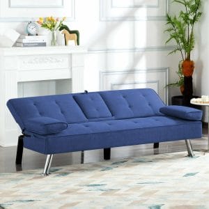 BSHTI Futon Convertible Sleeper Sofa Bed,With 3-Position Adjustable Backrest,Upholstered in Polyester Fabric,a Side Storage Pocket,Twin-Size Sleeper Sofa,Navy Blue