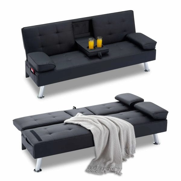 BSHTI Futon Convertible Sleeper Sofa Bed,With 3-Position Adjustable Backrest,Upholstered in Polyester Fabric,a Side Storage Pocket,Twin-Size Sleeper Sofa,Navy Blue - Image 4
