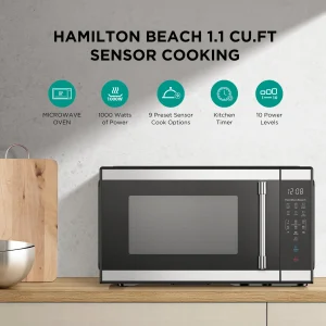 Hamilton Beach 1.1 Cu ft Countertop Microwave Oven, White and Stainless Steel