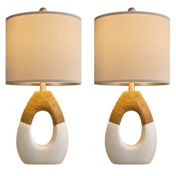 Oneach 19" White Boho Table Lamp for Living Room Bedroom Modern Resin Bedside Nightstand Lamps Set of 2 for Office Study Rattan Light - Image 2