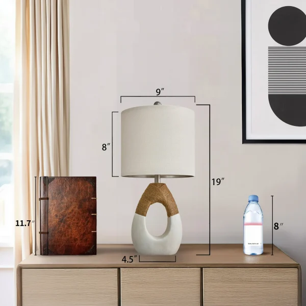 Oneach 19" White Boho Table Lamp for Living Room Bedroom Modern Resin Bedside Nightstand Lamps Set of 2 for Office Study Rattan Light - Image 6
