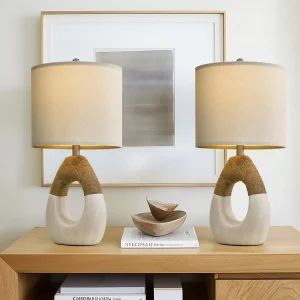 Oneach 19" White Boho Table Lamp for Living Room Bedroom Modern Resin Bedside Nightstand Lamps Set of 2 for Office Study Rattan Light