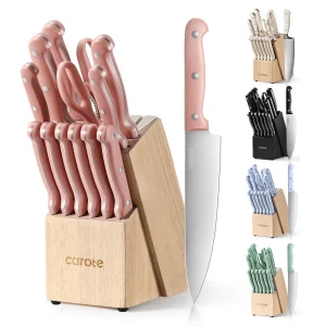 Carote 14 Pcs Knife Set with Wooden Block Stainless Steel Knives with Ergonomic Handle, Forged