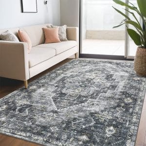 Hasoo 5' x 7' Area Rug for Living Room Boho Vintage Rug Non Slip Throw Rugs Floral Bedroom Rug, Gray