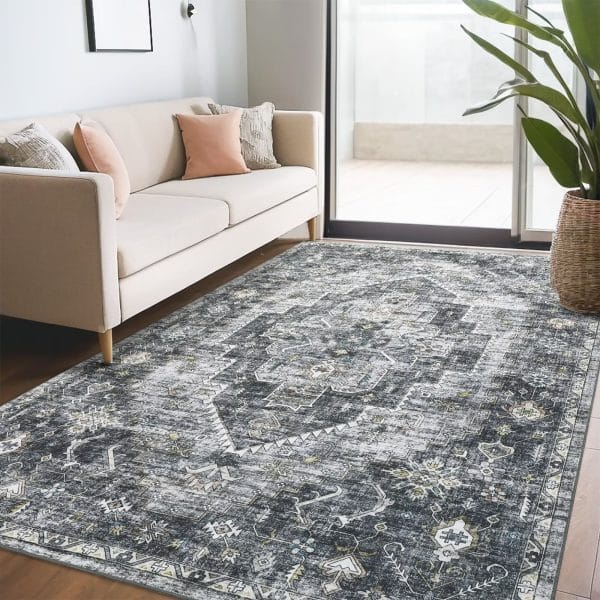 Hasoo 5' x 7' Area Rug for Living Room Boho Vintage Rug Non Slip Throw Rugs Floral Bedroom Rug, Gray