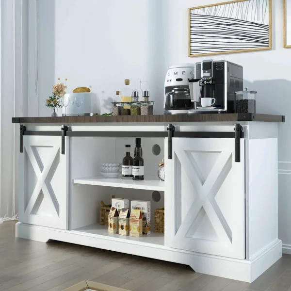 Chvans Farmhouse Barn Door TV Stand for up to 65" TVs /23" Electric Fireplace, Entertainment Center Console Table with Adjustable Shevles - Image 3