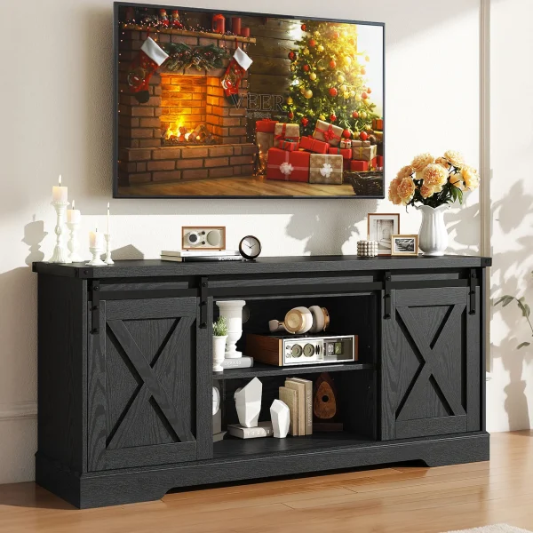 Chvans Farmhouse Barn Door TV Stand for up to 65" TVs /23" Electric Fireplace, Entertainment Center Console Table with Adjustable Shevles