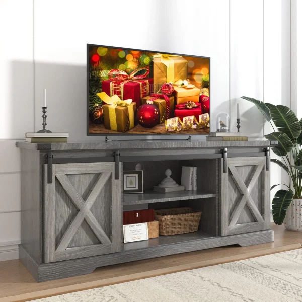 Chvans Farmhouse Barn Door TV Stand for up to 65" TVs /23" Electric Fireplace, Entertainment Center Console Table with Adjustable Shevles - Image 2