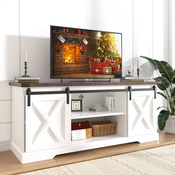 Chvans Farmhouse Barn Door TV Stand for up to 65" TVs /23" Electric Fireplace, Entertainment Center Console Table with Adjustable Shevles - Image 6