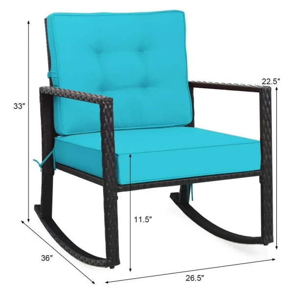 Wicker Outdoor Rocking Chair - All Weather Rattan Rocker Patio Chair w/Steel Frame Removable Cushions & Armrest, Rocker Chair Outdoor Furniture for Backyard Porch Poolside (1, Turquoise) - Image 4