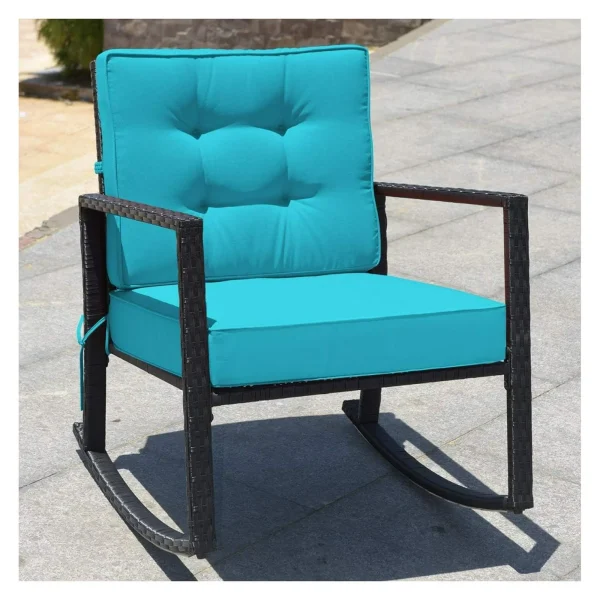 Wicker Outdoor Rocking Chair - All Weather Rattan Rocker Patio Chair w/Steel Frame Removable Cushions & Armrest, Rocker Chair Outdoor Furniture for Backyard Porch Poolside (1, Turquoise) - Image 5