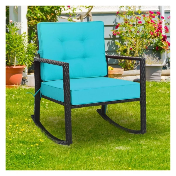 Wicker Outdoor Rocking Chair - All Weather Rattan Rocker Patio Chair w/Steel Frame Removable Cushions & Armrest, Rocker Chair Outdoor Furniture for Backyard Porch Poolside (1, Turquoise) - Image 6