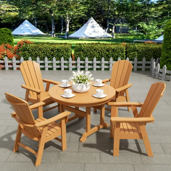 WestinTrends Malibu 5 Piece Adirondack Patio Dining Set, All Weather Poly Lumber Outdoor Table and Chairs Furniture Set, 47" Trestle Round Dining Table and 4 Adirondack Dining Chair, Navy Blue