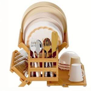 3-Tier Bamboo Dish Drying Rack – Foldable Kitchen Dish Drainer with Utensil Holder