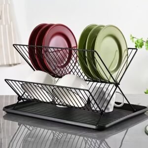 Foldable 2-Tier Dish Drying Rack Black – Kitchen Counter Drainer with Drain Tray & Utensil Holder